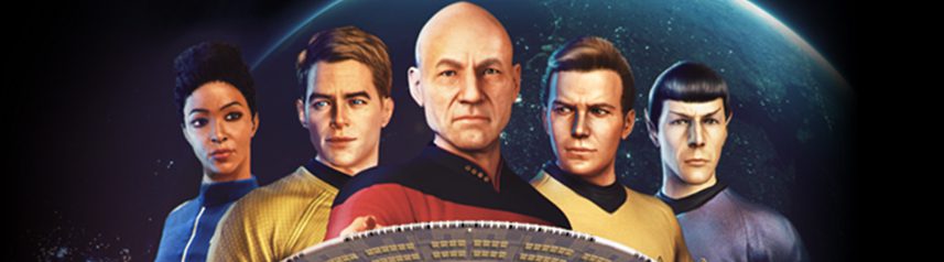 Star Trek Fleet Command promotional key art banner featuring the cast of Star Trek captains and ships
